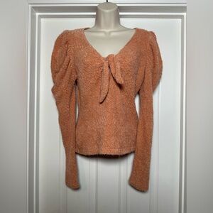 ILLA ILLA Coral Textured Womens Front Tie Feminine Long Sleeve Pullover Sweater